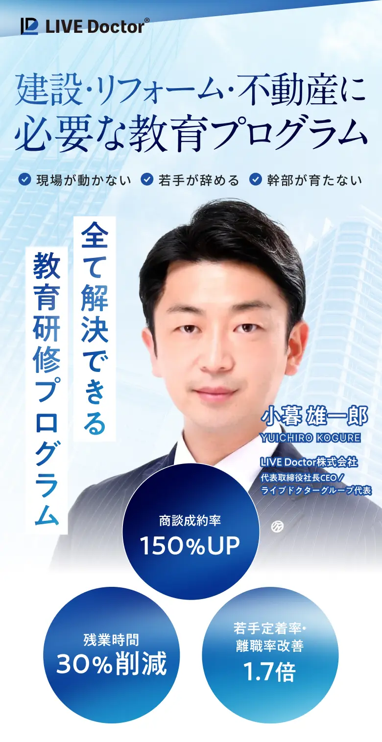 LIVE Doctor 建設・リフォーム・不動産に必要な教育プログラム 現場が動かない・若手が辞める・幹部が育たない 全て解決できる教育研修プログラム 商談成約率150%UP 残業時間30%削減 若手定着率・離職率改善1.7倍