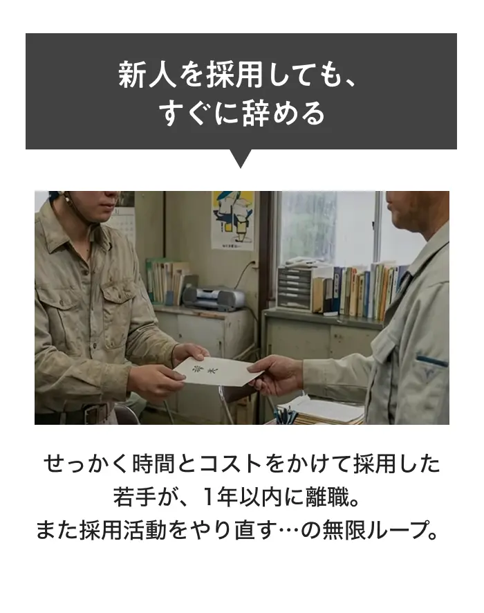 新人を採用しても、すぐに辞める せっかく時間とコストをかけて採用した若手が、1年以内に離職。また採用活動をやり直す…の無限ループ。