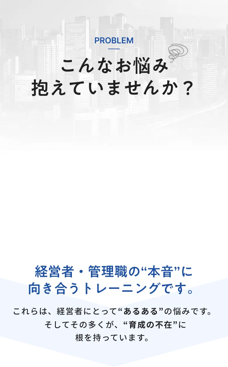 PROBLEM こんなお悩み抱えていませんか？ 経営者・管理職の本音に向き合うトレーニングです。