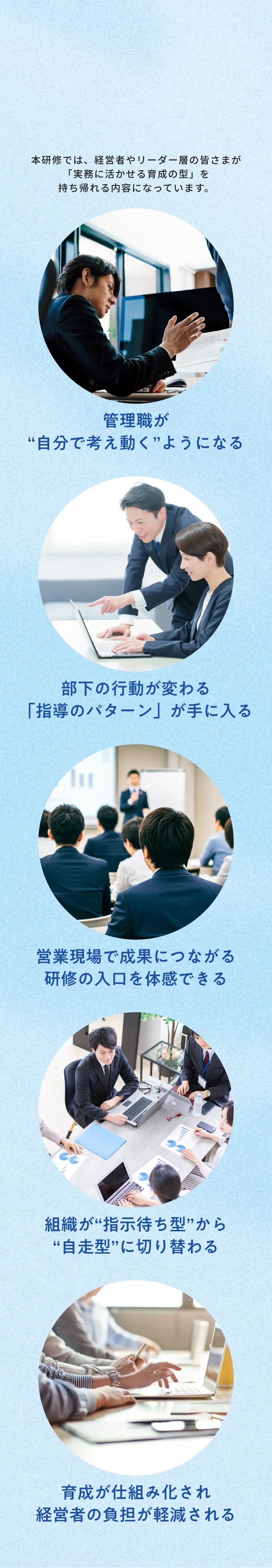 この研修で得られること 育て方が変わると組織が動き出す 管理職が自分で考え動くようになる 部下の行動が変わる「指導のパターン」が手に入る 営業現場で成果につながる研修の入口を体感できる 組織が指示待ち型から自走型に切り替わる 育成が仕組み化され経営者の負担が軽減される